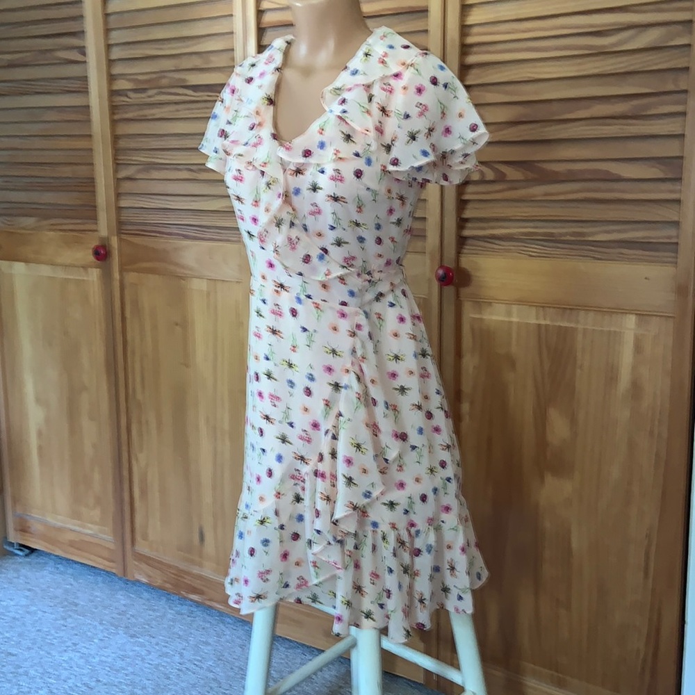 Betsey Johnson wrap dress lots of ruffles!Size 4 pink with flowers bees ladybug